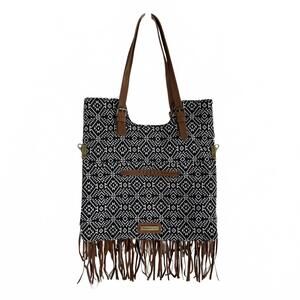 Madden Girl Navy Aztec Boho Tote Bag with Faux Leather Fringes